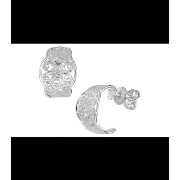 NEW~Gorgeous Artisan Crafted .925 Sterling Silver "J" Style Half Hoop Earrings - Picture 1 of 5